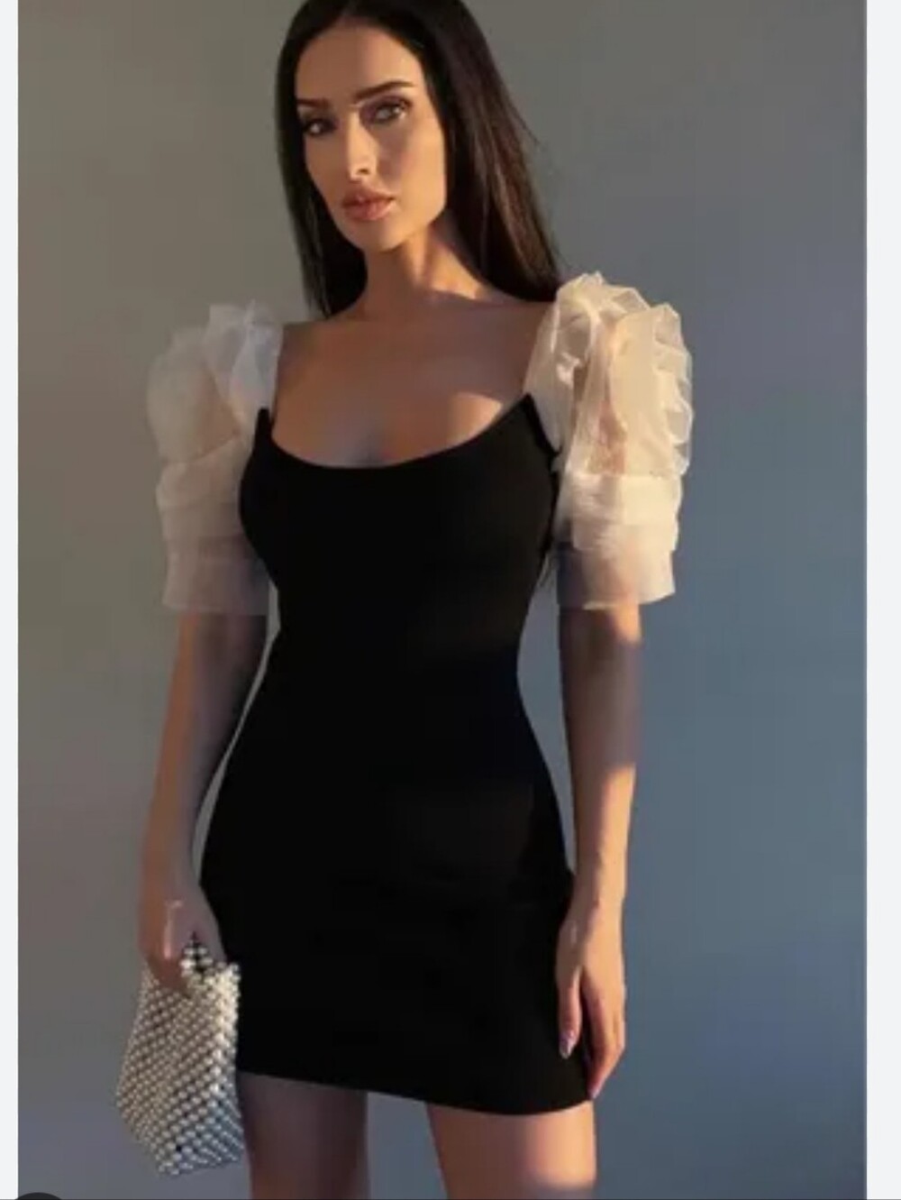 NWT Zara Black Mini Dress with White Sheer Puff Sleeves Small